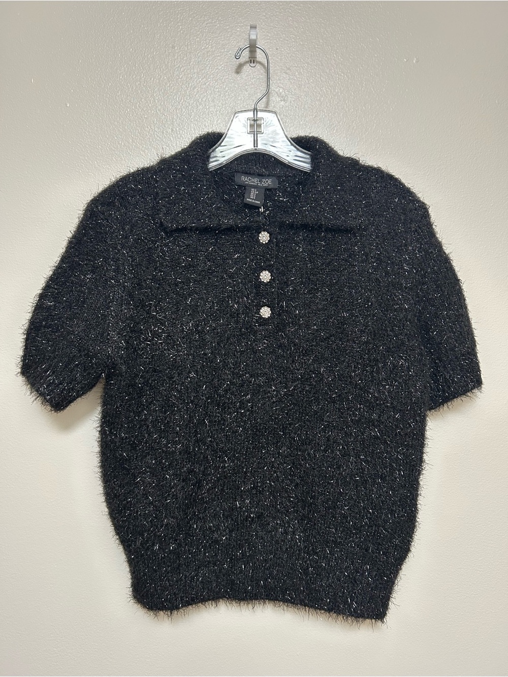 Rachel Zoe Black Short-Sleeve Textured Crewneck Sweater Size-Small